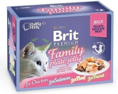 Brit Premium Family Plate Jelly Консервы для кошек кусочки в желе (курица, говядина, лосось, форель)