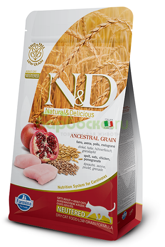 Farmina N&D Low Grain Cat Chicken & Pomegranate Neutered Сухой низкозерновой корм для стерилизованных кошек и кастрированных котов с Курицей, гранатом, спельтой и овсом 300 г