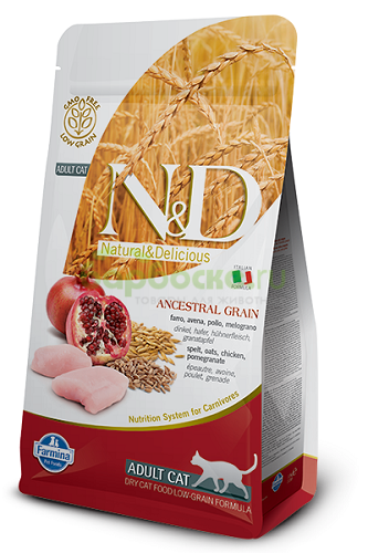Farmina N&D Low Grain Cat Chicken & Pomegranate Adult Сухой низкозерновой корм для взрослых кошек с Курицей, гранатом, спельтой и овсом 1,5 кг