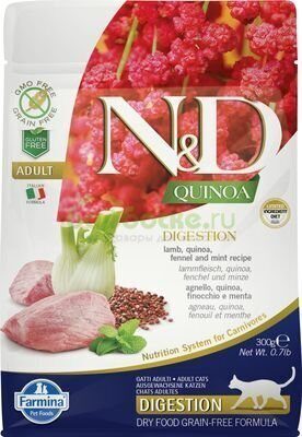 Farmina N&D Cat Quinoa Digestion Lamb Сухой беззерновой для взрослых кошек для поддержки пищеварения с Ягненком, киноа, фенхелем и мятой 300 г