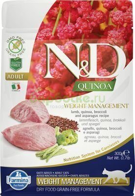 Farmina N&D Cat Quinoa Weight Management Lamb Сухой беззерновой для взрослых кошек для контроля веса с Ягненком, киноа, брокколи и спаржей 300 г