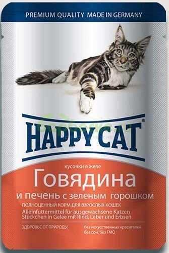 Happy Cat Консервы для кошек кусочки в желе с Говядиной, печенью и зеленым горошком