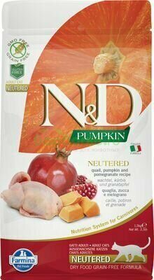 Farmina N&D Cat GF Pumpkin Neutered Quail Сухой беззерновой корм для стерилизованных кошек и кастрированных котов с Перепелом, тыквой и гранатом 1,5 кг