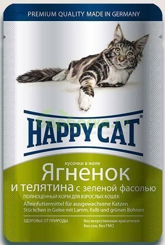 Happy Cat Консервы для кошек кусочки в желе с Ягненком, телятиной и зеленой фасолью